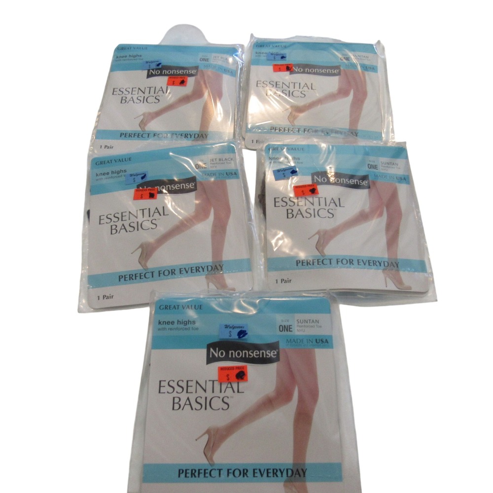 No Nonsense Essential Basics Knee Highs Lot of 5 Pairs Suntan Jet Black One Size